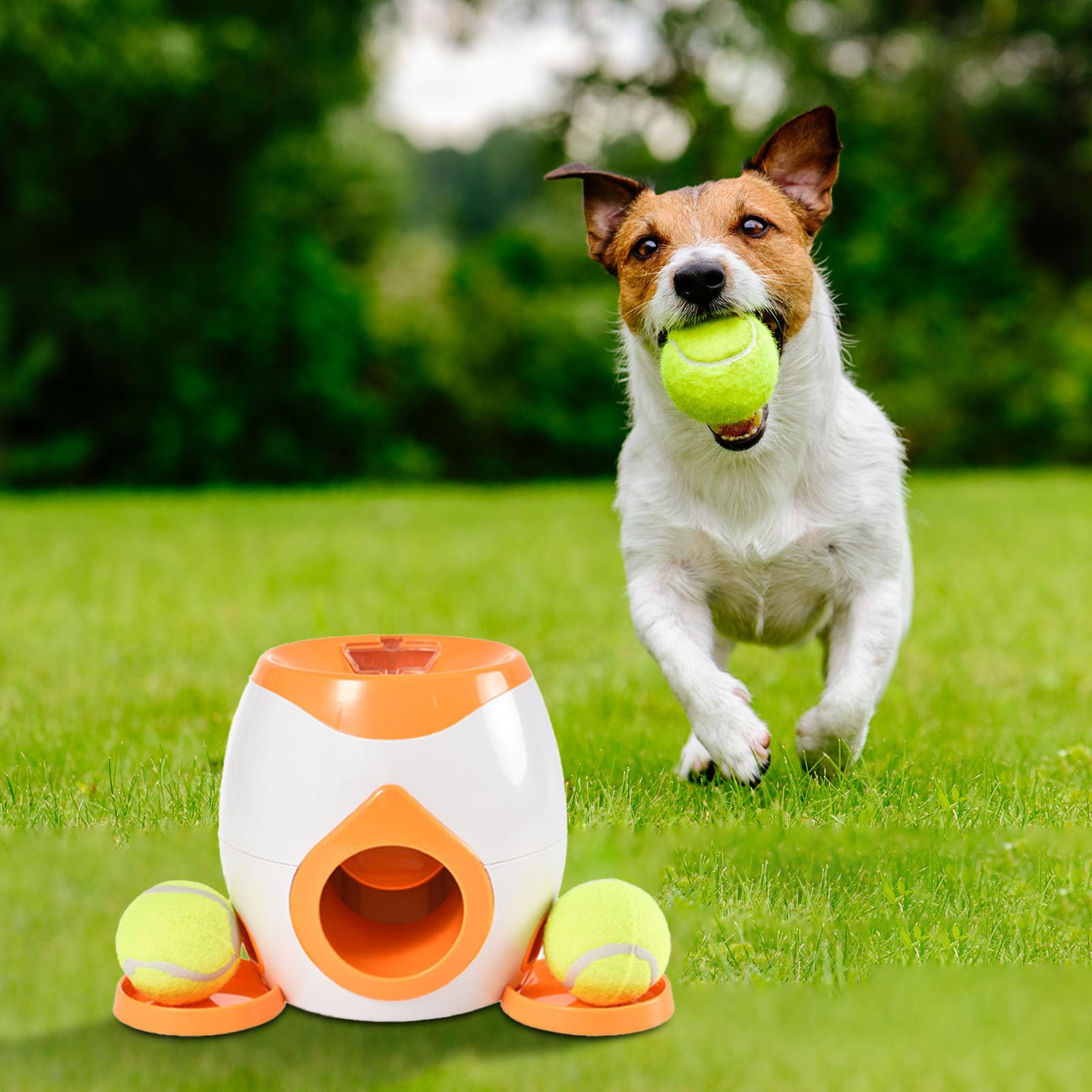 Automatic Dog Ball Launcher Interactive Dog Tennis Ball Throwing Machine Dog Ball Treat Dispenser Feeder Tennis Reward Machine Treat Dispensing with Detachable Dishes Tennis Training for Dogs (Orange)