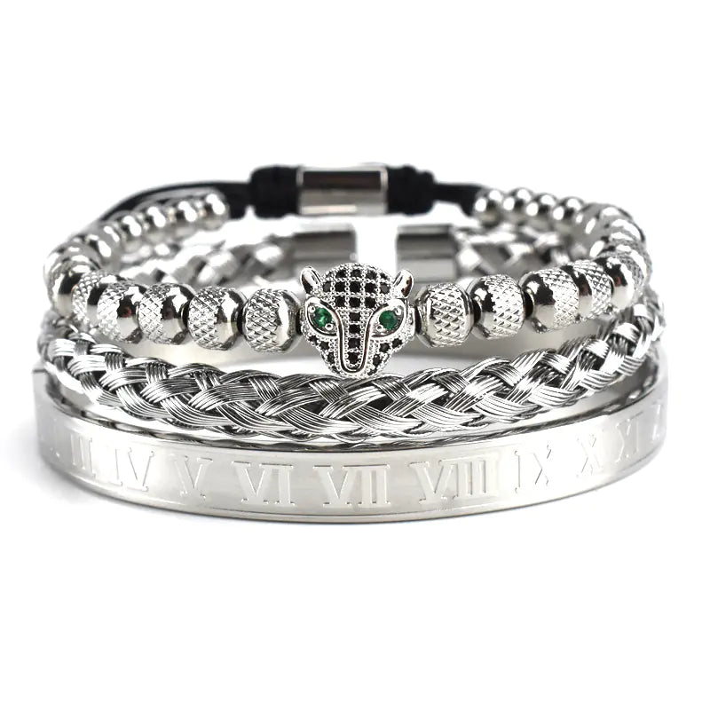 Antique Leopard Head Mesh Woven Bracelet with Roman Numerals
