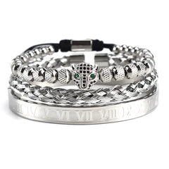 Antique Leopard Head Mesh Woven Bracelet with Roman Numerals