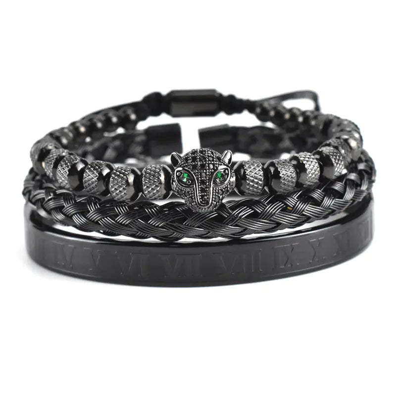Antique Leopard Head Mesh Woven Bracelet with Roman Numerals