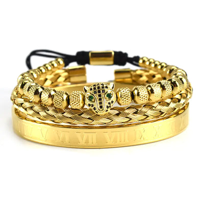 Antique Leopard Head Mesh Woven Bracelet with Roman Numerals