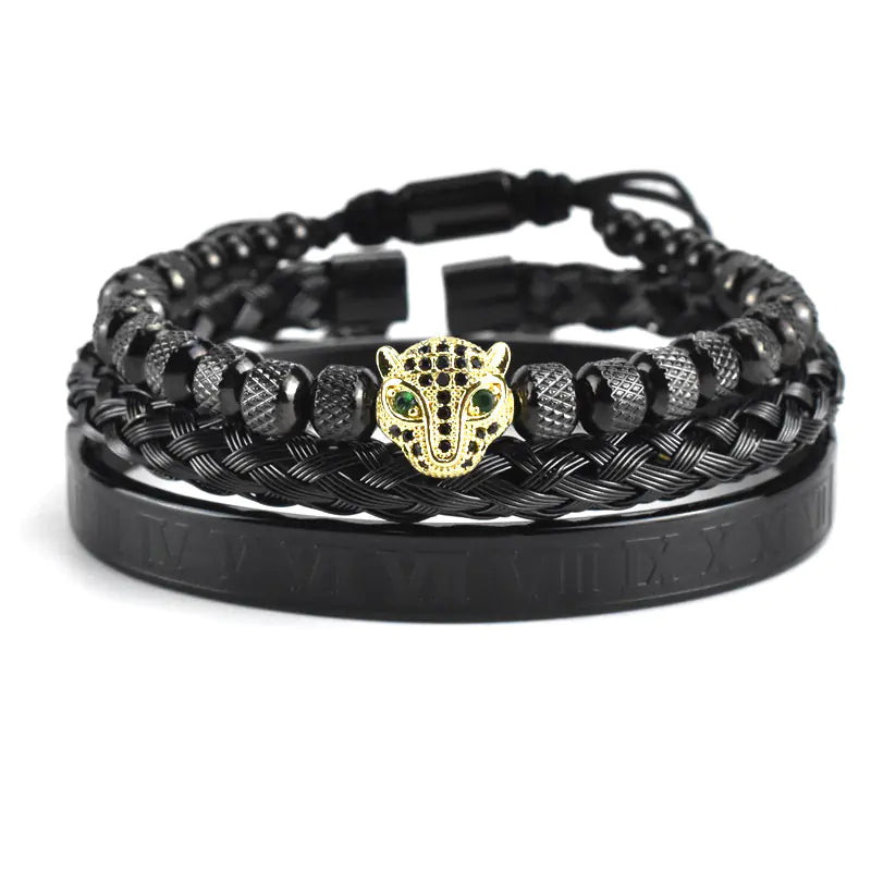 Antique Leopard Head Mesh Woven Bracelet with Roman Numerals