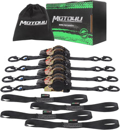 MOTO4U Retractable Ratchet Straps,1" x 10' Self Ratcheting Ratchet Tie Down Straps with Soft Loops &Storage Bag,Heavy Duty Upgrade S-Hook with Clip 660LBS for Motorcycle Kayak ATVs Boats(4PCS)