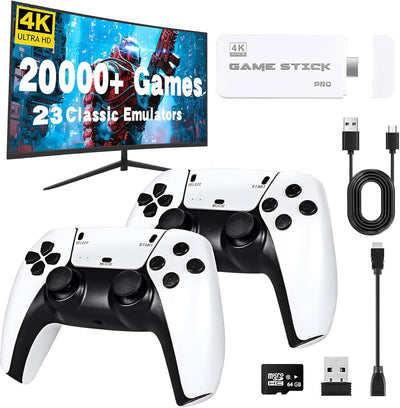 2025 New Upgraded Retro Game Console, Wireless Retro Game Stick, Plug & Play Video TV Game Stick with Built-in 20000+ Games, 23 Emulators, HDMI Output, Dual 2.4G White Wireless Controllers (128G)