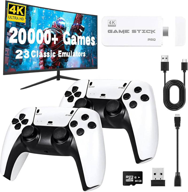 2025 New Upgraded Retro Game Console, Wireless Retro Game Stick, Plug & Play Video TV Game Stick with Built-in 20000+ Games, 23 Emulators, HDMI Output, Dual 2.4G White Wireless Controllers (128G)