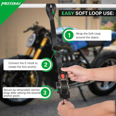 MOTO4U Retractable Ratchet Straps,1" x 10' Self Ratcheting Ratchet Tie Down Straps with Soft Loops &Storage Bag,Heavy Duty Upgrade S-Hook with Clip 660LBS for Motorcycle Kayak ATVs Boats(4PCS)