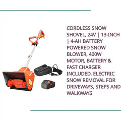 Cordless Snow Shovel, 24V | 13-Inch | 4-Ah Battery Powered Snow Blower, 400W Motor, Battery &amp; Fast Charger Included, Electric Snow Removal for Driveways, Steps and Walkways by@Outfy